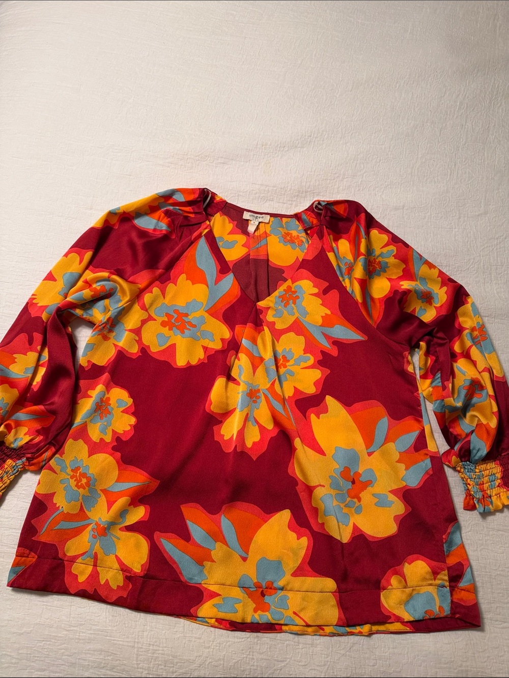 Umgee Red Floral V-Neck Tunic with Yellow and Blue Accents